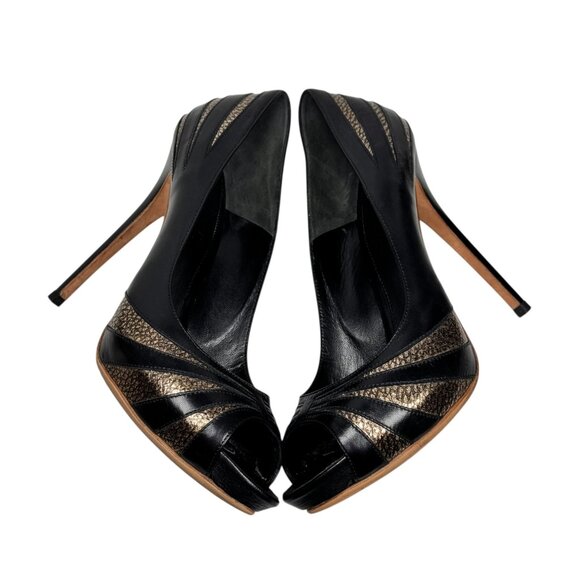 ALEXANDER McQUEEN Peep Toe Platform Heels Sz 9 Black Leather Pumps Glam Luxury - Picture 13 of 15